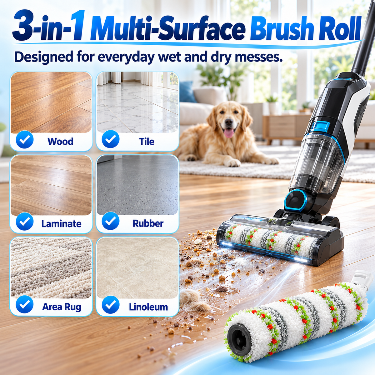 Close-up of filter material and brush bristles for the pet kit.
