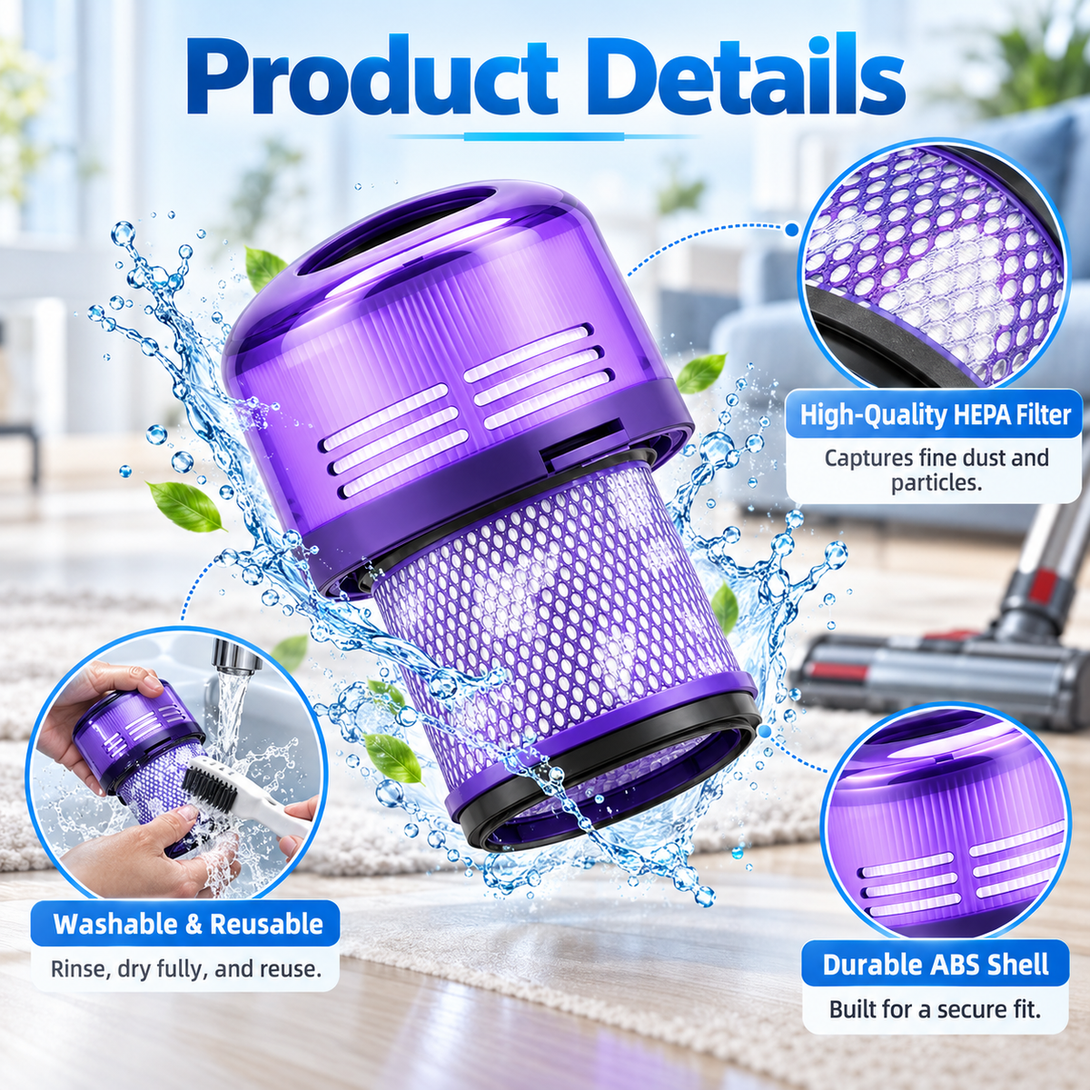Close-up of Dyson Outsize filter pleats and foam inserts.