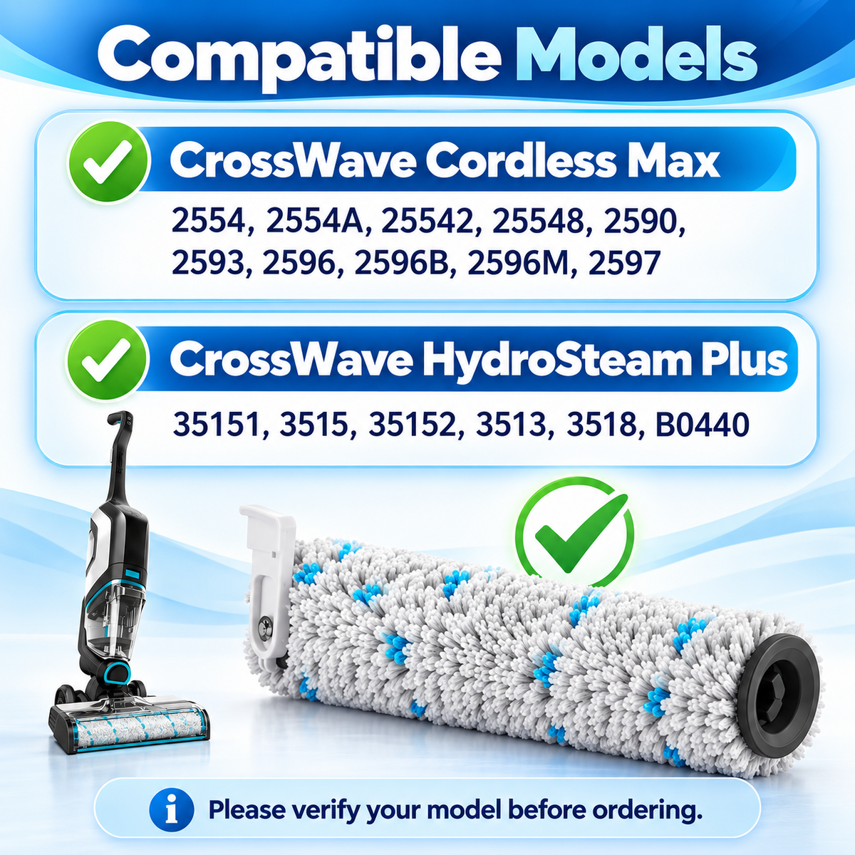 Multi-surface brush roll and replacement filters arranged on a white background.