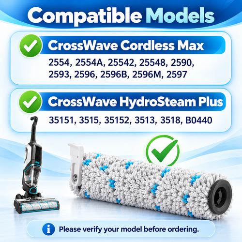 Multi-surface brush roll and replacement filters arranged on a white background.