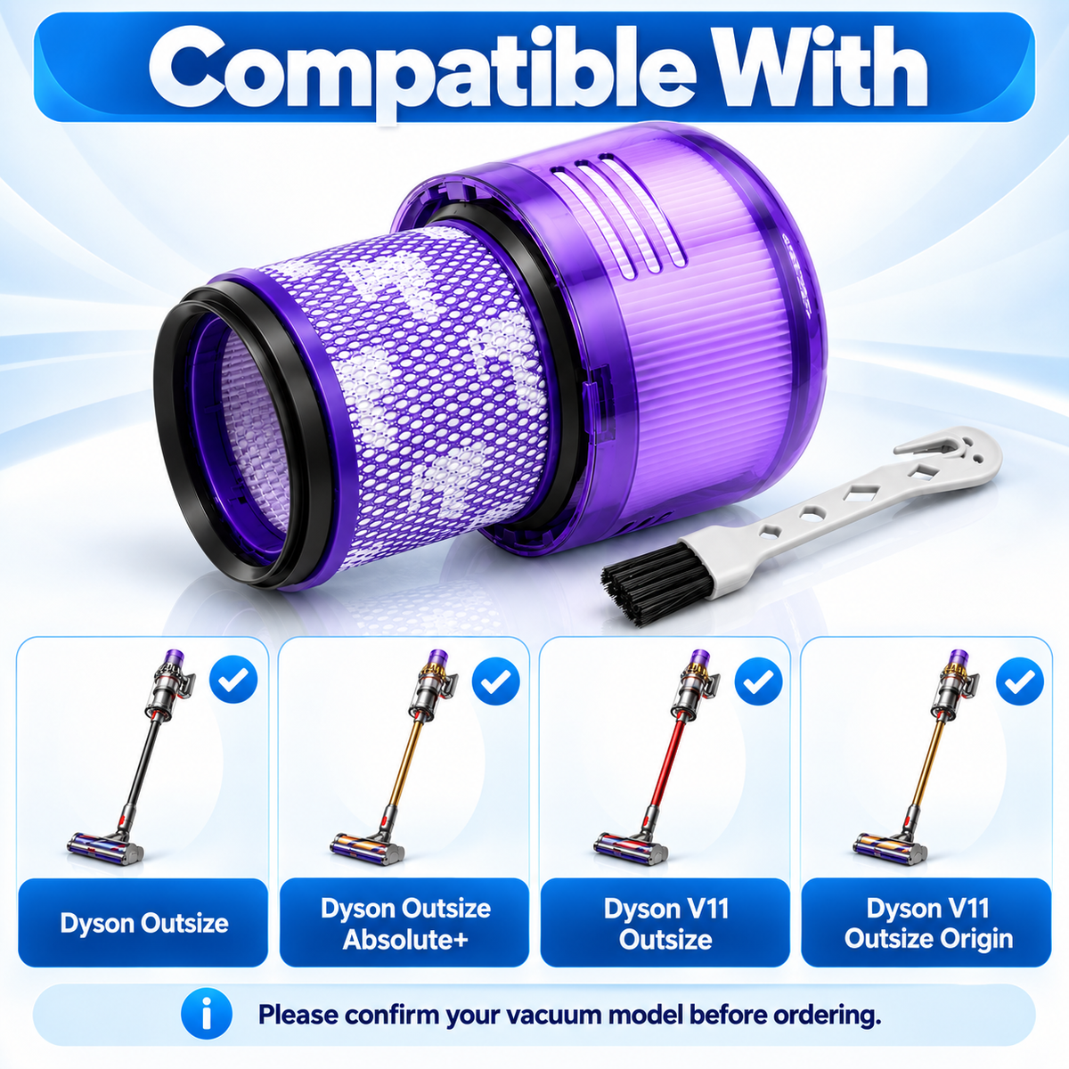 Replacement filters for Dyson V11 Outsize arranged on a plain background.