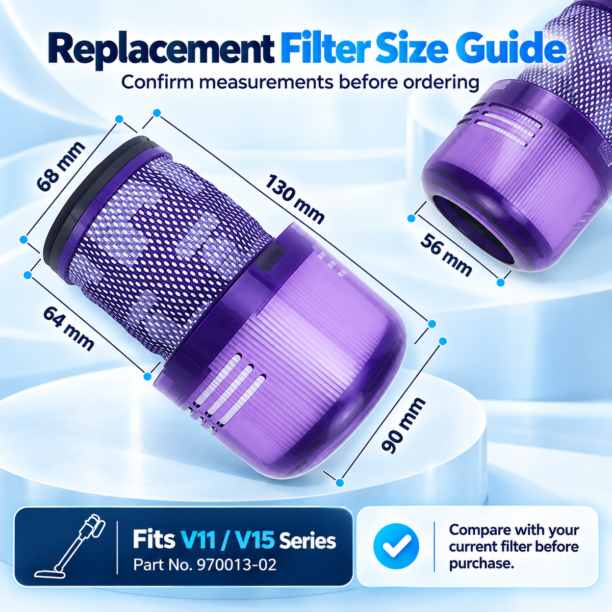 Replacement vacuum filters displayed with one filter angled forward.