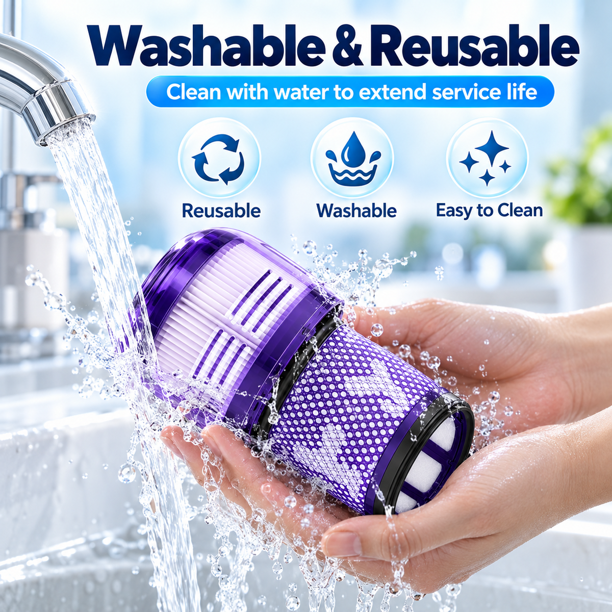 Multiple replacement filter pieces and packaging for Dyson V12 Slim.