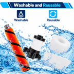 Close-up of Shark-compatible brush roll and replacement filter pieces.