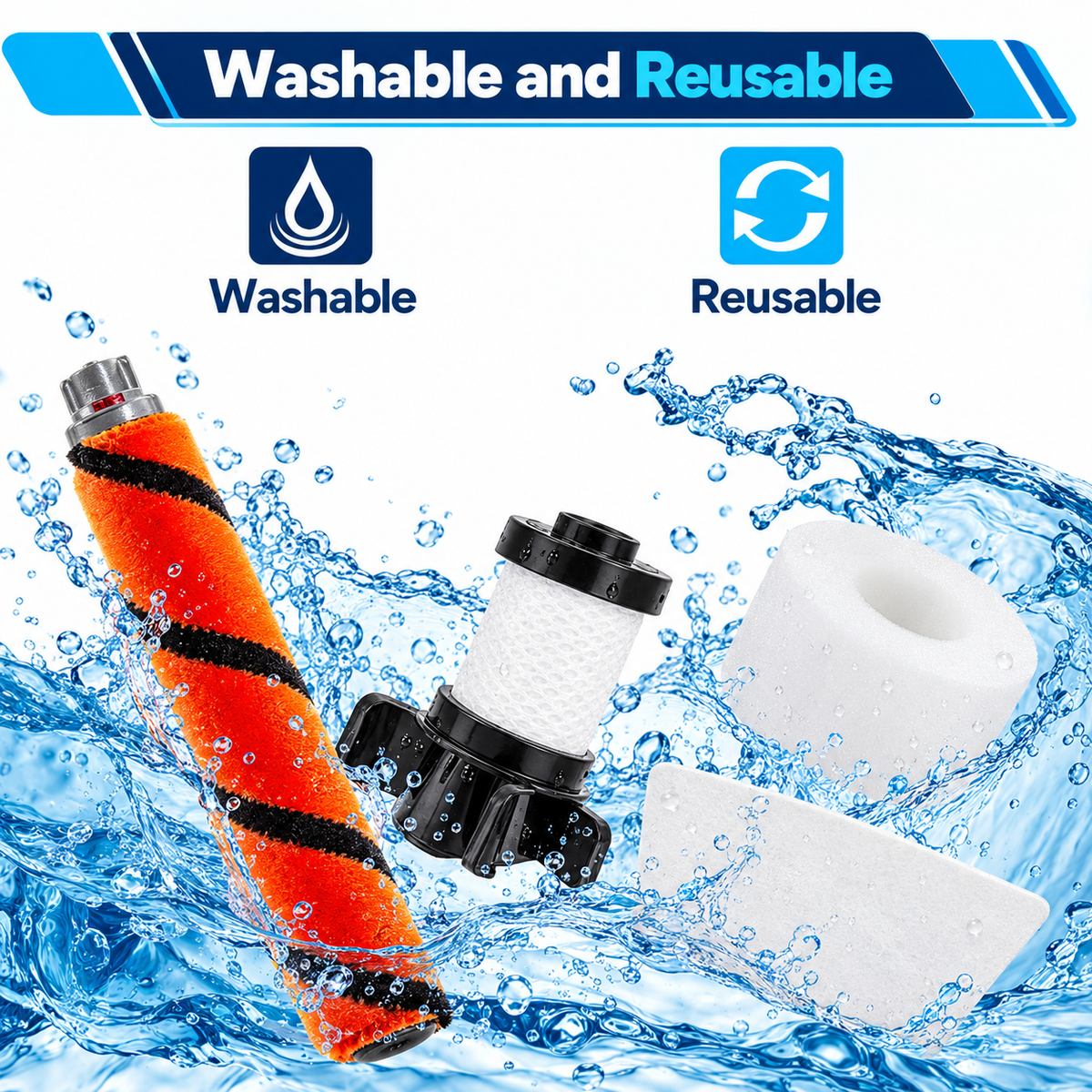 Close-up of Shark-compatible brush roll and replacement filter pieces.