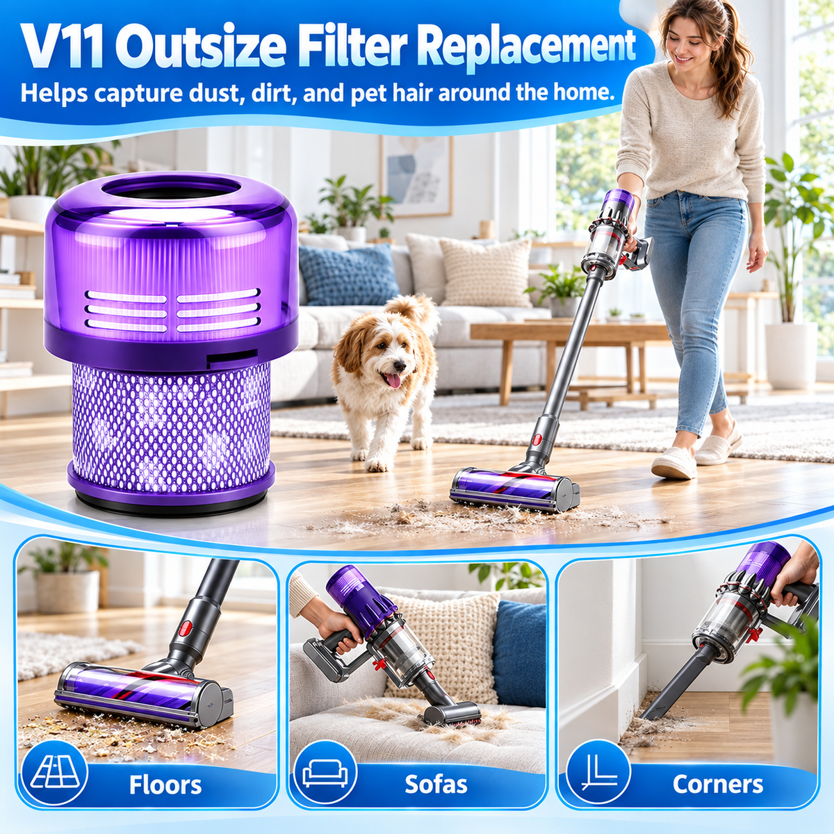 Filter pieces and packaging for Dyson V11 Outsize displayed on white.