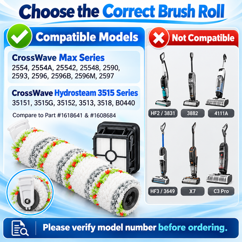 Pet brush roll and replacement filters arranged on a neutral background.