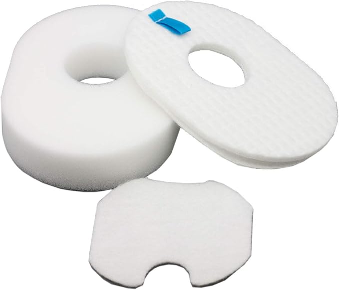 Replacement filter kit pieces for Shark Rocket HV300 arranged on white.