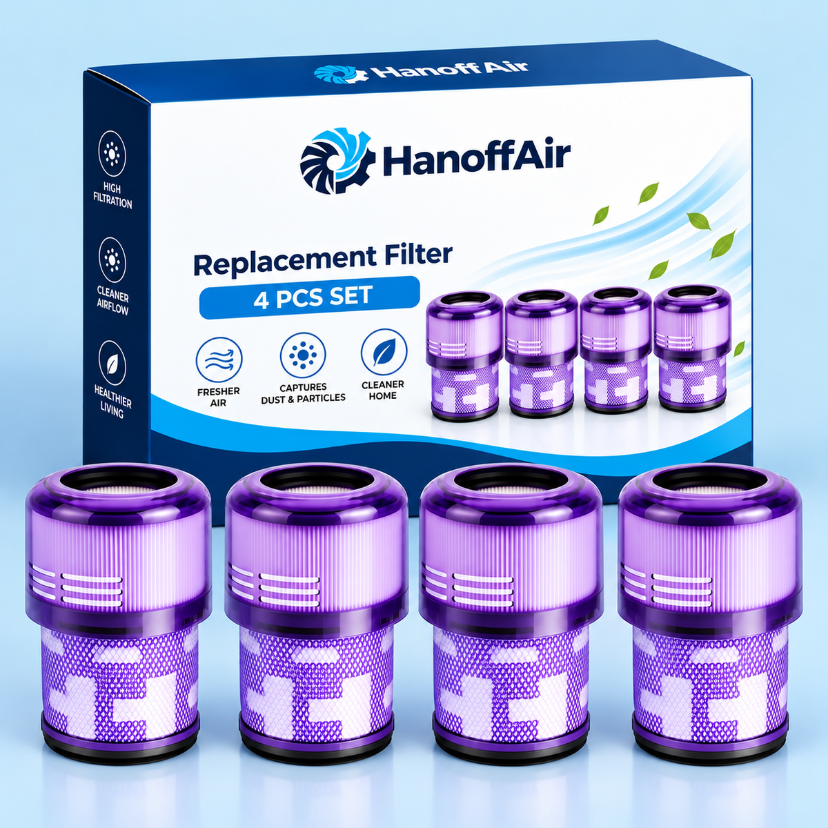 Packaged replacement filters with visible branding and labels.