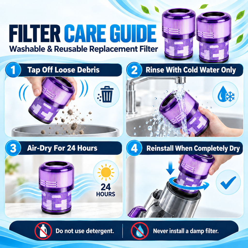 Top-down view of Dyson-compatible filters and packaging.