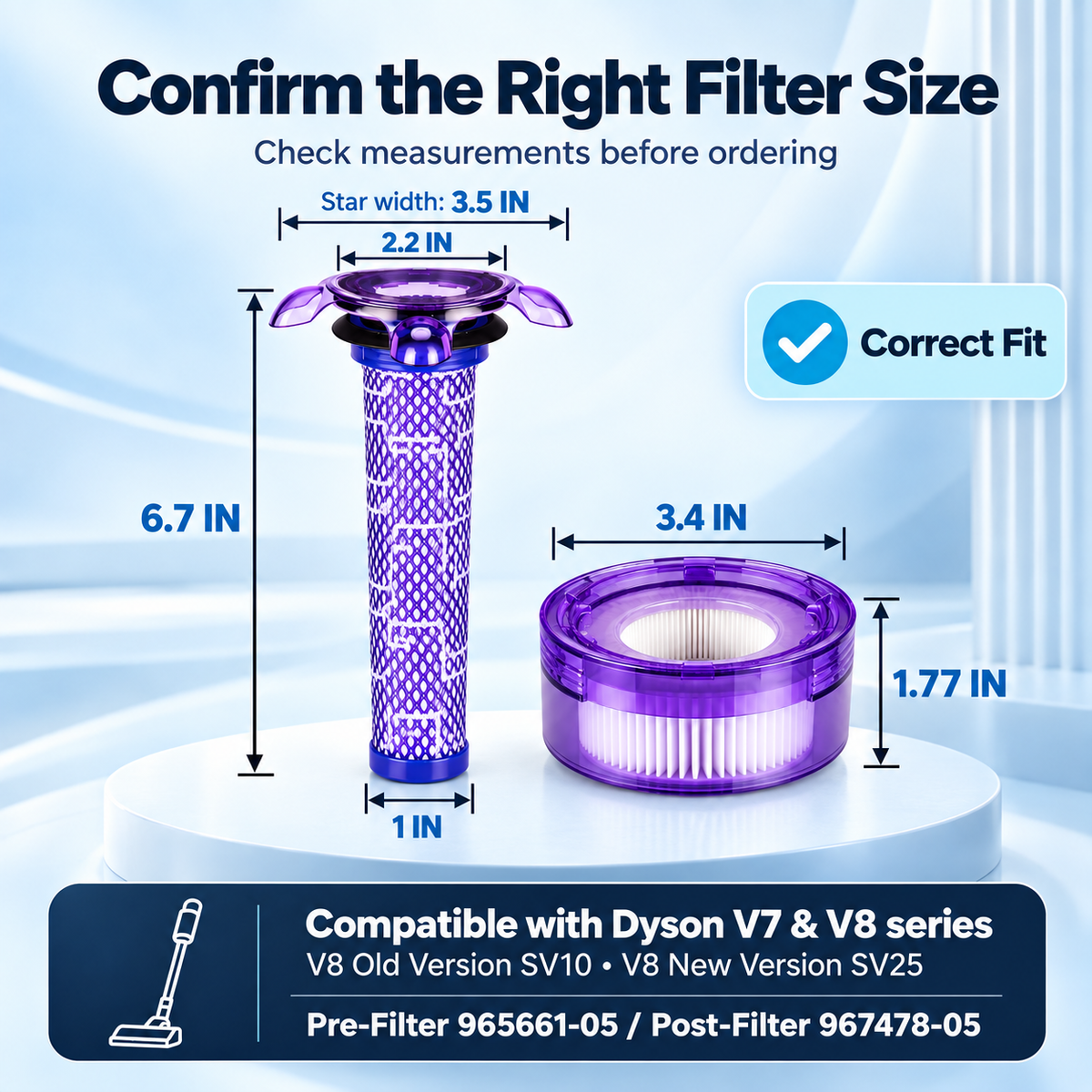 Replacement pre- and post-filters for Dyson V7 and V8 arranged on white.