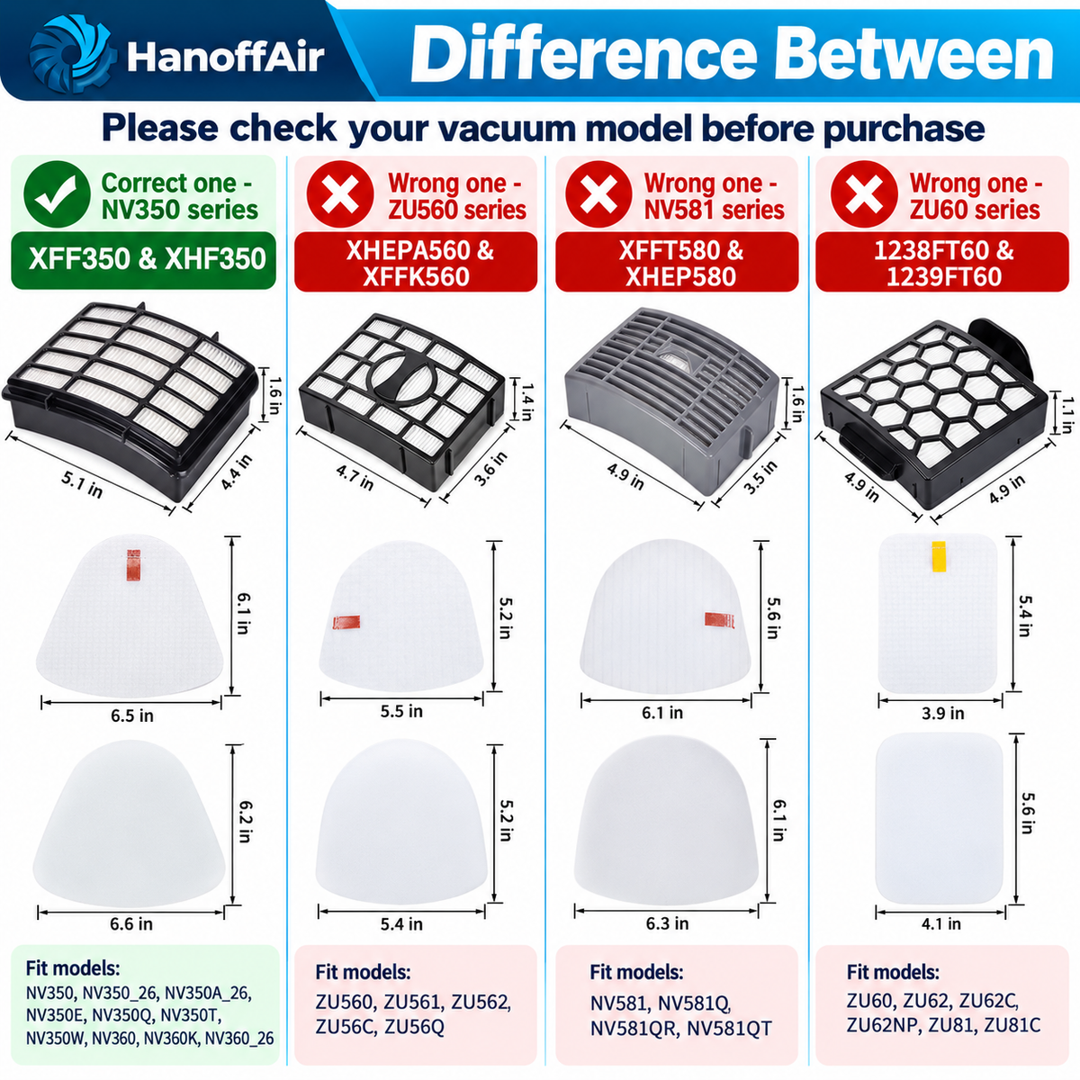 Replacement filter kit components for Shark Navigator NV350 shown on white.