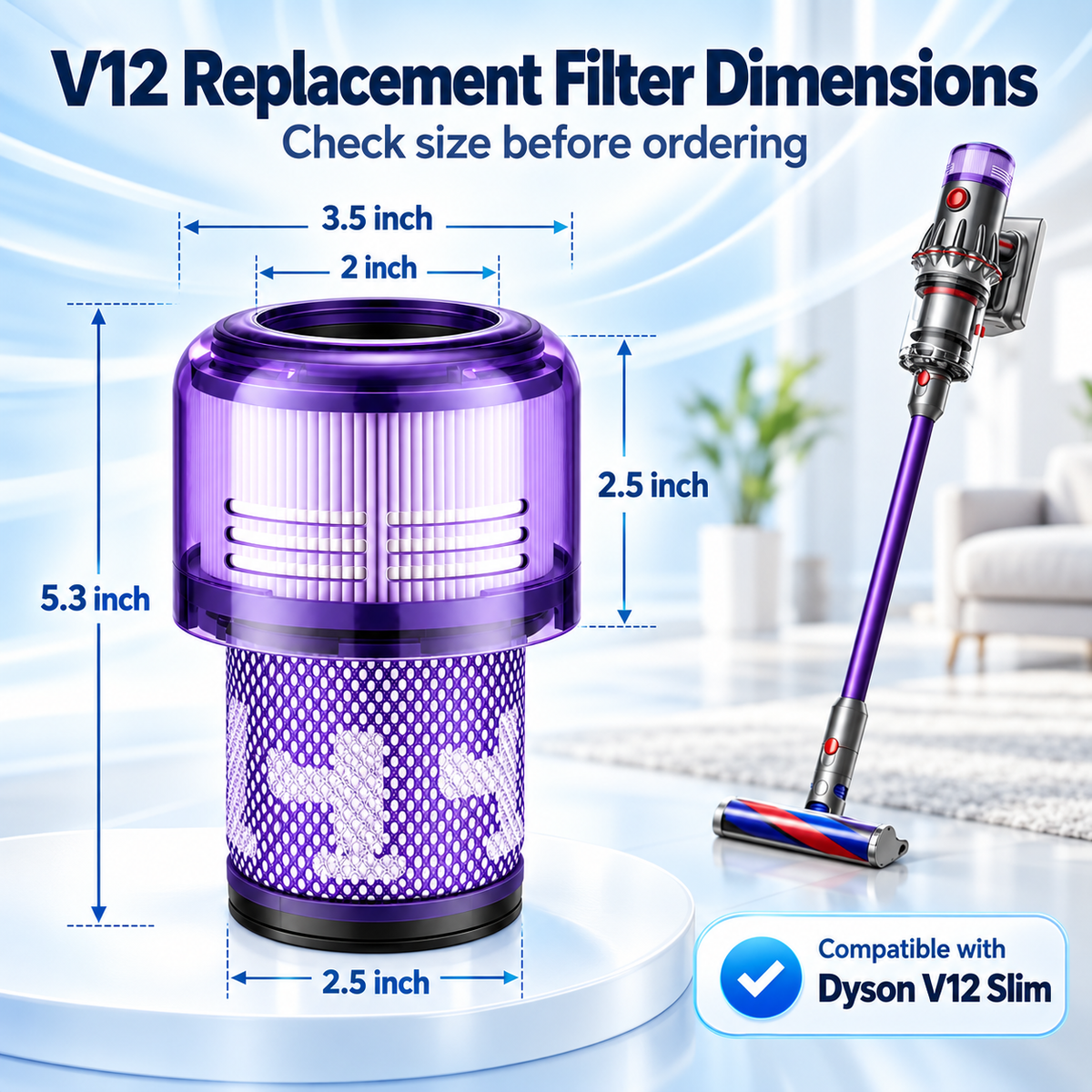 Replacement filters for Dyson V12 Slim arranged on a plain background.