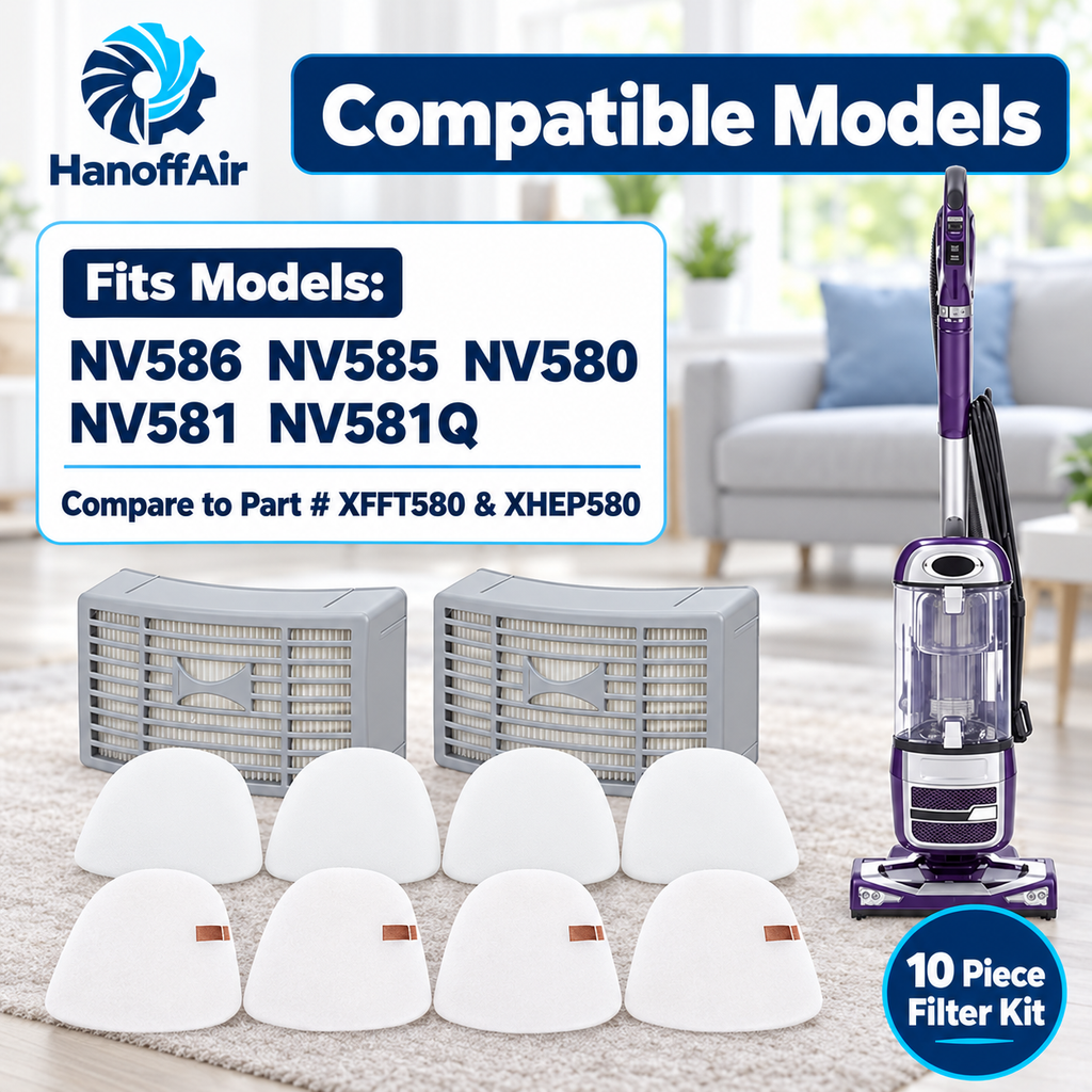 Shark NV580 filter pieces and brush components displayed on white.