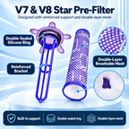 Packaged pre- and post-filter 4-piece kit for Dyson V7/V8 with labels.