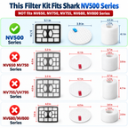 Replacement filter kit pieces for Shark Rotator arranged on white.