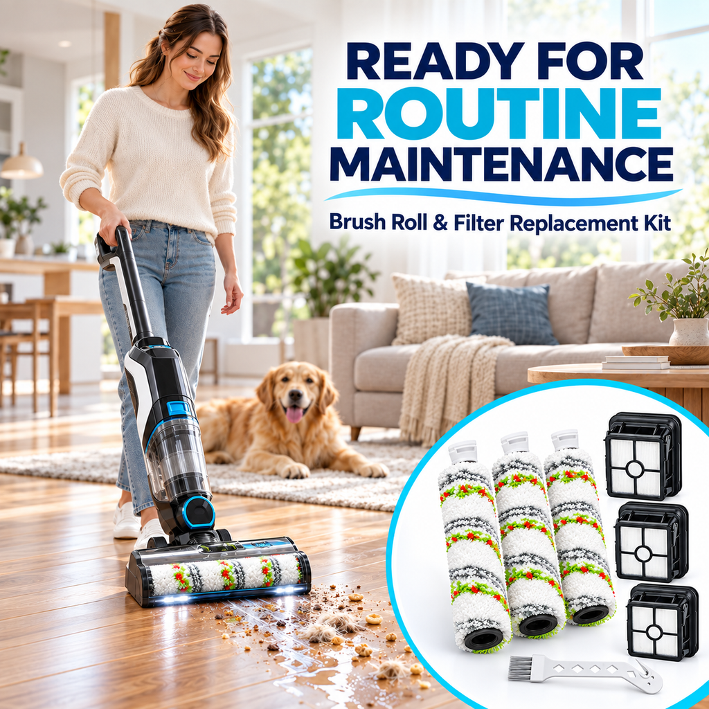 Pet brush roll and replacement filters displayed in product packaging.