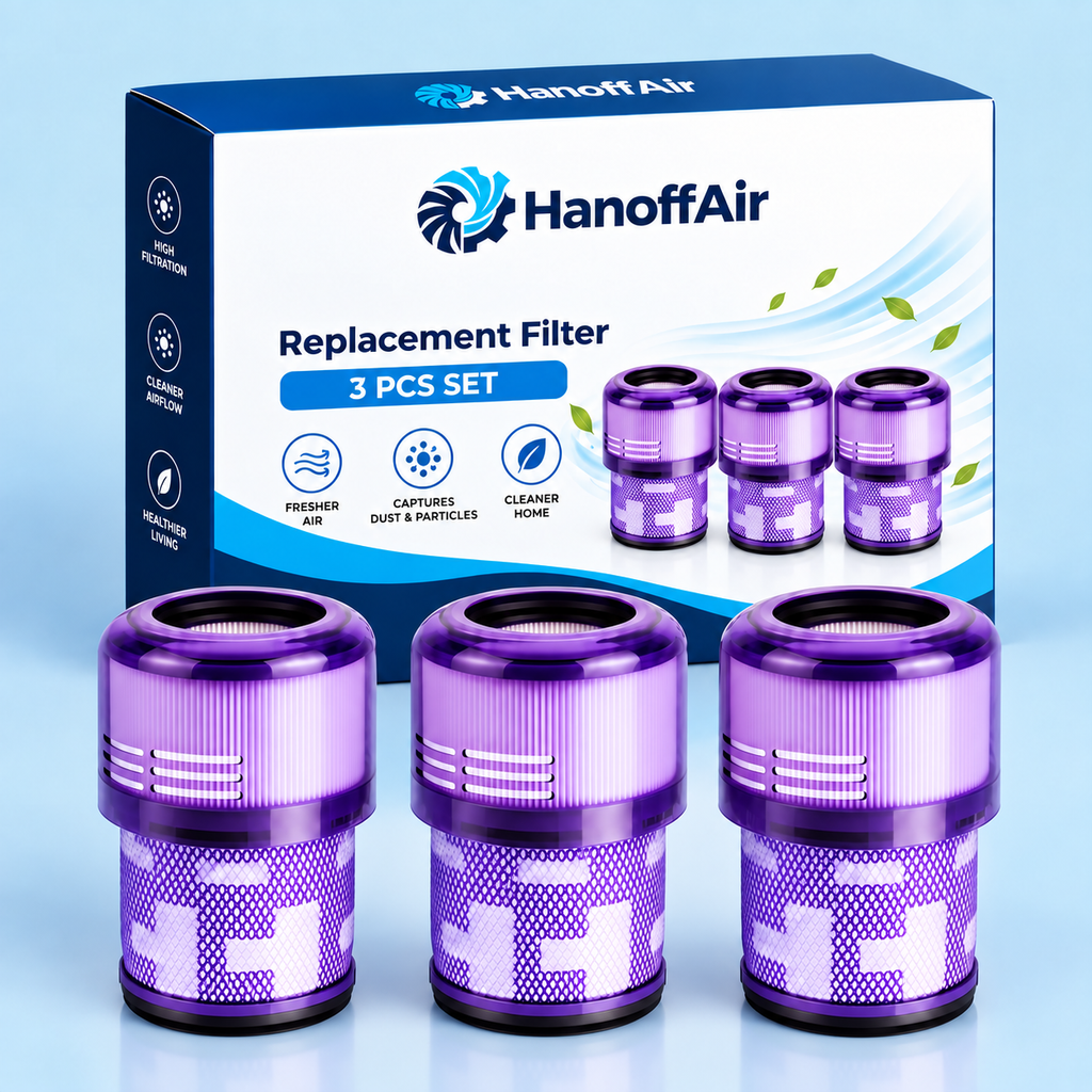 Packaged three-pack of replacement filters for Dyson shown on white.